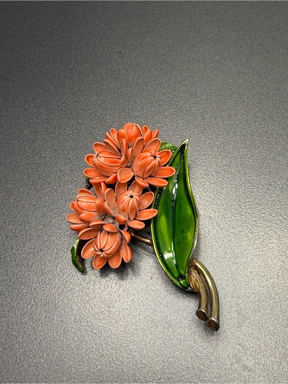 Vintage Floral Enamel Brooch with Coral Blooms and Green Leaf #cz46